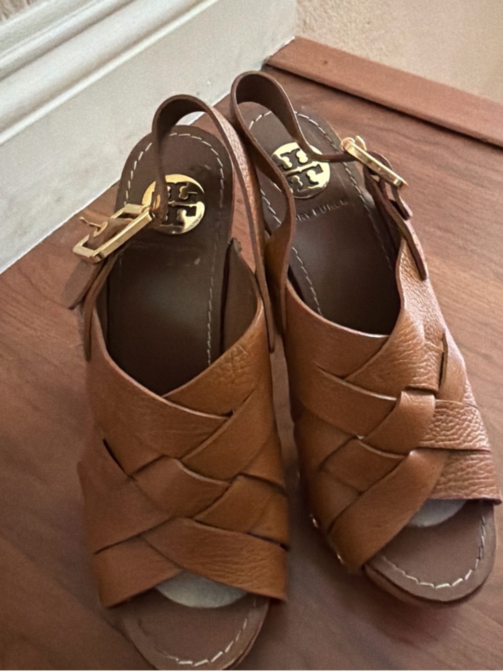Tory Burch Brown Leather Woven Jodie platform Sandals
